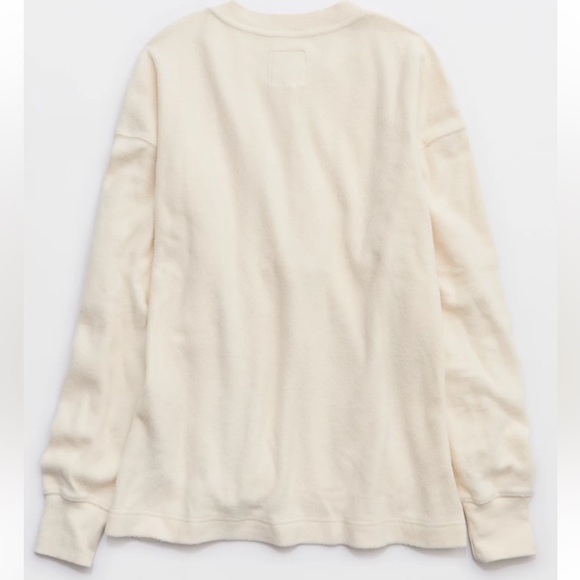 aerie Neutral Ivory Quarter Button Cotton Sherpa Henley Sweatshirt - Picture 5 of 17